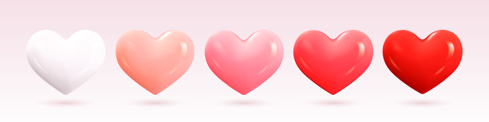 Set of five glossy heart shapes in gradient colors from white to red, shiny style on soft pink background. Concept of love and romance. Vector illustration