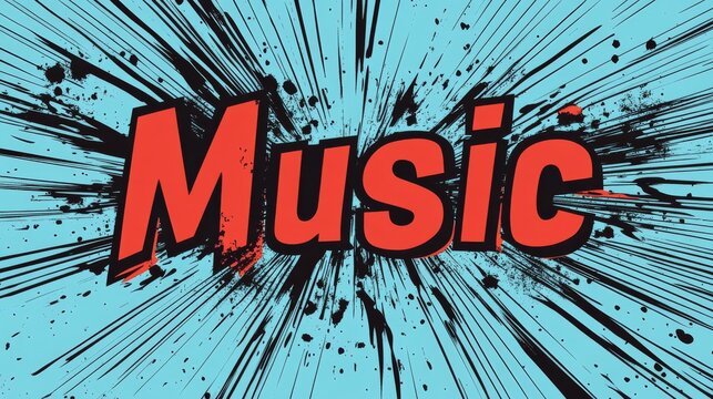 word "Music" in Comic style, written in bright red with bold black outline.