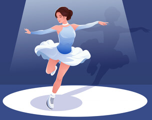 Graceful woman ice skating in spotlight, flat style, dark blue background, concept of performance and elegance. Vector illustration