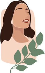 Abstract Portrait of a Woman with Eyes Closed and a Green Leafy Branch on Transparent Background