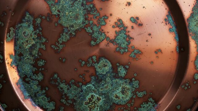 Close-up of a weathered copper surface showcasing vibrant green patina and intricate textures, ideal for backgrounds