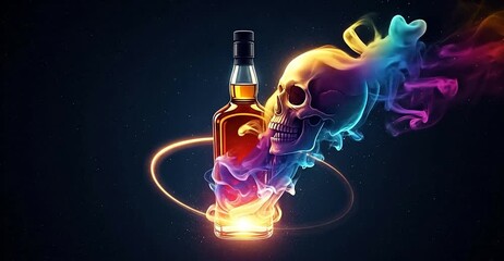 Intense whiskey bottle with skull and vibrant smoke, a dark, dramatic visual for adult themes