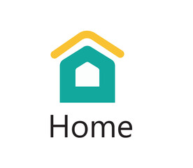 Stylized house icon with teal structure, white central window, yellow angled roof lines; labeled “Home” below. Isolated on white background as a flat vector navigation icon.
