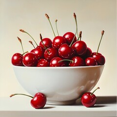 Photo of fresh cherries in a white bowl with a light background for summer