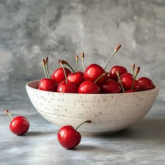 Photo of fresh cherries in a white bowl with a light background for summer