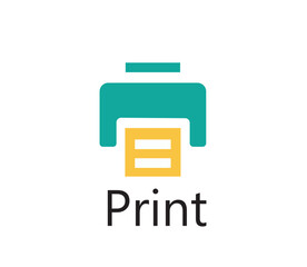 Teal printer icon with yellow output sheet displaying two printed lines, labeled “Print” below; isolated on white background as a flat vector icon for digital UI printing commands.