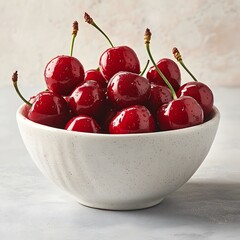 Photo of fresh cherries in a white bowl with a light background for summer