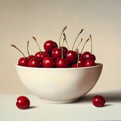 Photo of fresh cherries in a white bowl with a light background for summer