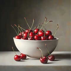 Photo of fresh cherries in a white bowl with a light background for summer