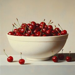 Photo of fresh cherries in a white bowl with a light background for summer