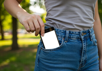 Woman's hand placing smartphone with blank screen into denim jeans pocket outdoors on sunny day