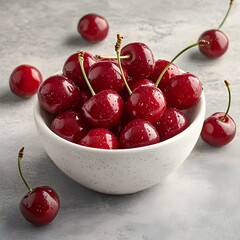 Photo of fresh cherries in a white bowl with a light background for summer