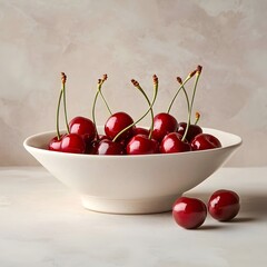 Photo of fresh cherries in a white bowl with a light background for summer