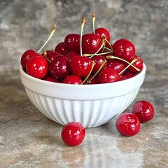 Photo of fresh cherries in a white bowl with a light background for summer