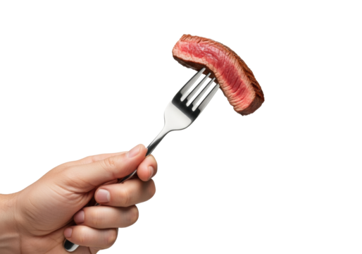 Adult hand holding modern silver fork piercing perfectly cooked medium-rare beef steak, isolated on a transparent background with creamy bokeh. Appetizing culinary presentation shot