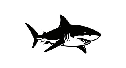 Fototapeta premium Dynamic monochrome shark illustration, jaws open revealing sharp teeth, embodying power and fierce predatory instinct within the ocean depths