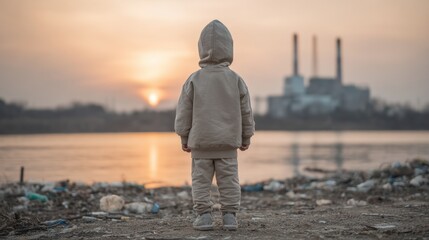 Child Gazes at Pollution Sunset by River with Industrial Smokestacks in Background, Reflecting Environmental Concerns and Innocence in Urban Landscape