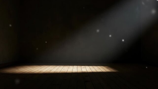 Dramatic light beam illuminates a dark room with wooden floor creating contrast and shadow, ideal for background or spotlight concept
