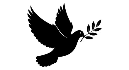 Obraz premium Flying dove carrying olive branch silhouette, symbol of peace, freedom, and hope, perfect for design projects