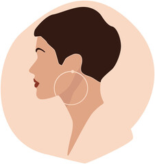 Profile Portrait of Woman with Short Hair and Large Hoop Earrings on Peach Background