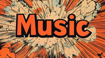 word "Music" in Comic style, written in bright red with bold black outline.