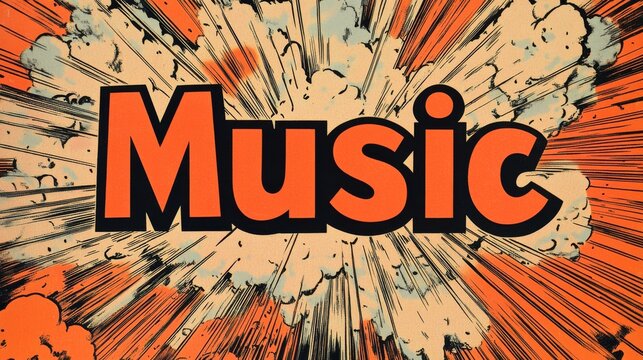 word "Music" in Comic style, written in bright red with bold black outline.