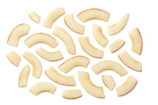 Dried coconut chips falling isolated with transparent background