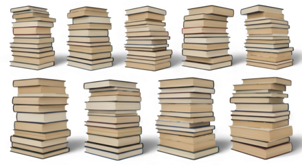 Collection of various aged books stacked neatly, symbolizing education, knowledge, and extensive literary concepts on a white background