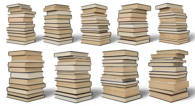 Collection of various aged books stacked neatly, symbolizing education, knowledge, and extensive literary concepts on a white background