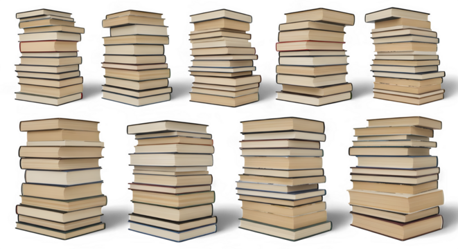 Collection of various aged books stacked neatly, symbolizing education, knowledge, and extensive literary concepts on a white background