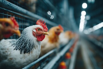 Indoor Chicken Farm with White Feathered Hens in Metallic Cages Under Soft Lighting
