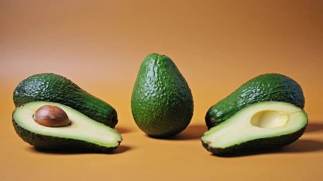 Minimalist composition showcasing half and full avocado halves on a pastel orange background
