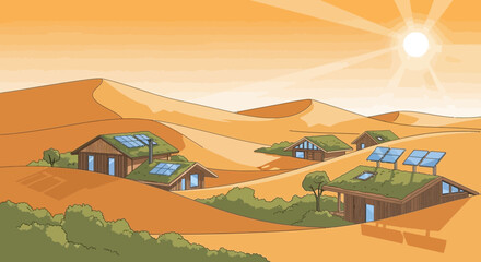 Sustainable desert community illustration with solar panels and green roofs concept