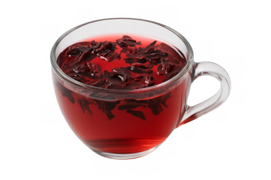 Hibiscus tea in glass cup with petals