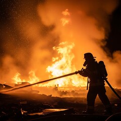 Fototapeta premium Firefighter battling a large blaze at night.