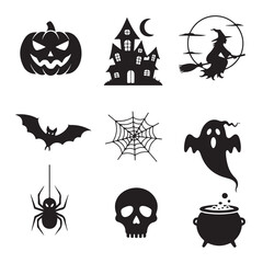 Obraz premium Spooky Halloween icons including pumpkin, haunted house, witch, bat, spiderweb, ghost, spider, skull, and cauldron.