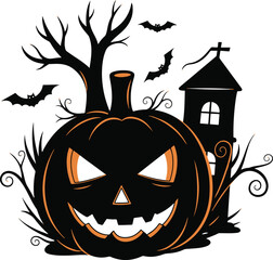 Spooky Halloween scene with a grinning jack-o'-lantern, haunted house, and flying bats under a bare tree.