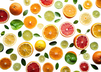 Assortment of colorful citrus fruit slices and whole fruits arranged on a black background isolated on transparent background