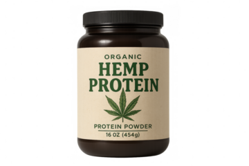 Organic hemp protein powder jar on transparent background