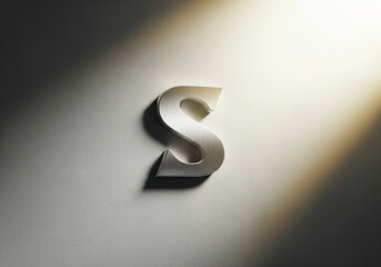 A textured, threedimensional letter s, casting a shadow on a textured wall, illuminated by a dramatic spotlight from the side