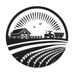 Black and white circular emblem depicting a farm scene with a barn tractor and fields agriculture