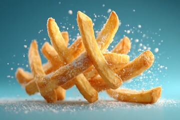 Falling French fries, captured mid-air with crisp edges and golden color, creating a fun and dynamic food shot.