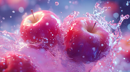 Three glossy red apples are immersed in a vibrant display of water splashes and droplets.  The image showcases a lively, colorful, and high-energy presentation of the fruit.