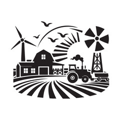 Black and white illustration of a farm with a barn tractor windmill and wind turbines agriculture