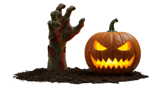 Zombie hand rising from ground beside glowing pumpkin isolated on white background