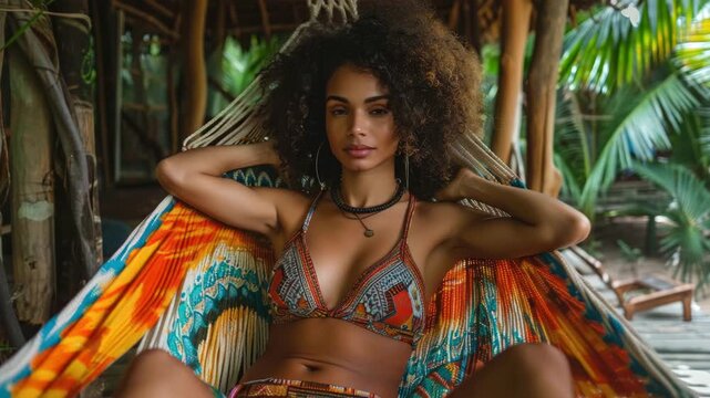 Confident woman with voluminous curly hair reclining in vibrant patterned hammock amidst lush tropical greenery, embodying serene relaxation