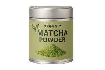 Organic matcha powder tin container on transparent background
