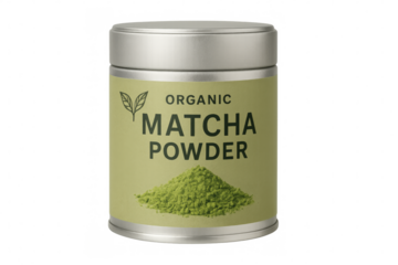 Organic matcha powder tin container on transparent background