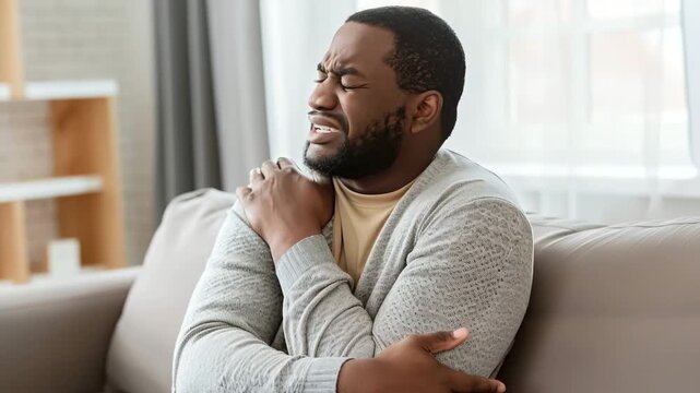 African American man suffering from acute shoulder ailment, grimacing in discomfort while seated on home sofa
