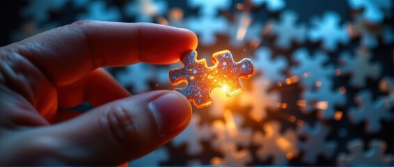 radiant puzzle piece glowing in hand, cinematic glow effect, futuristic symbolic clarity, realistic textures, macro closeup, soft blurred puzzle background, symbolic theme of success and unity.